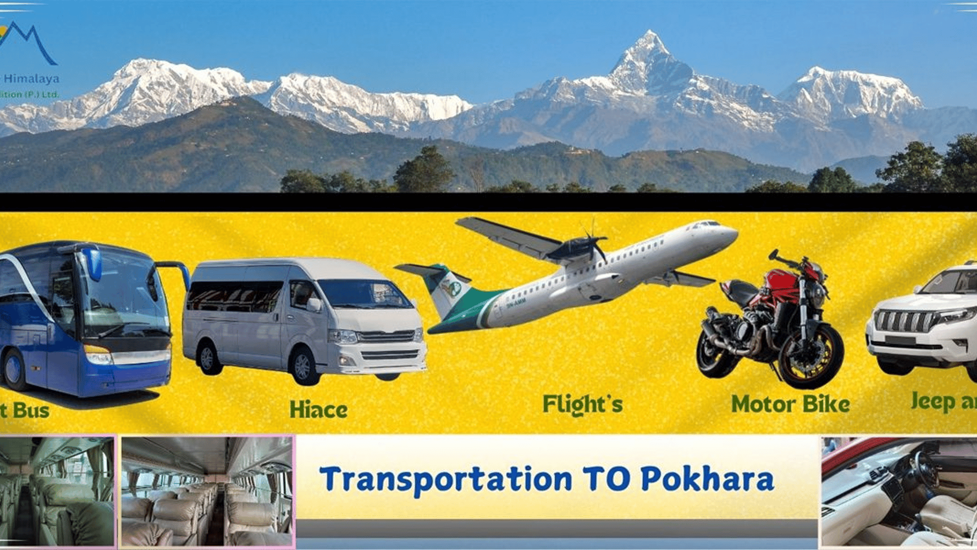 Kathmandu to Pokhara transportation options: scenic bus ride, quick domestic flight, or private jeep through the green hills of Nepal.