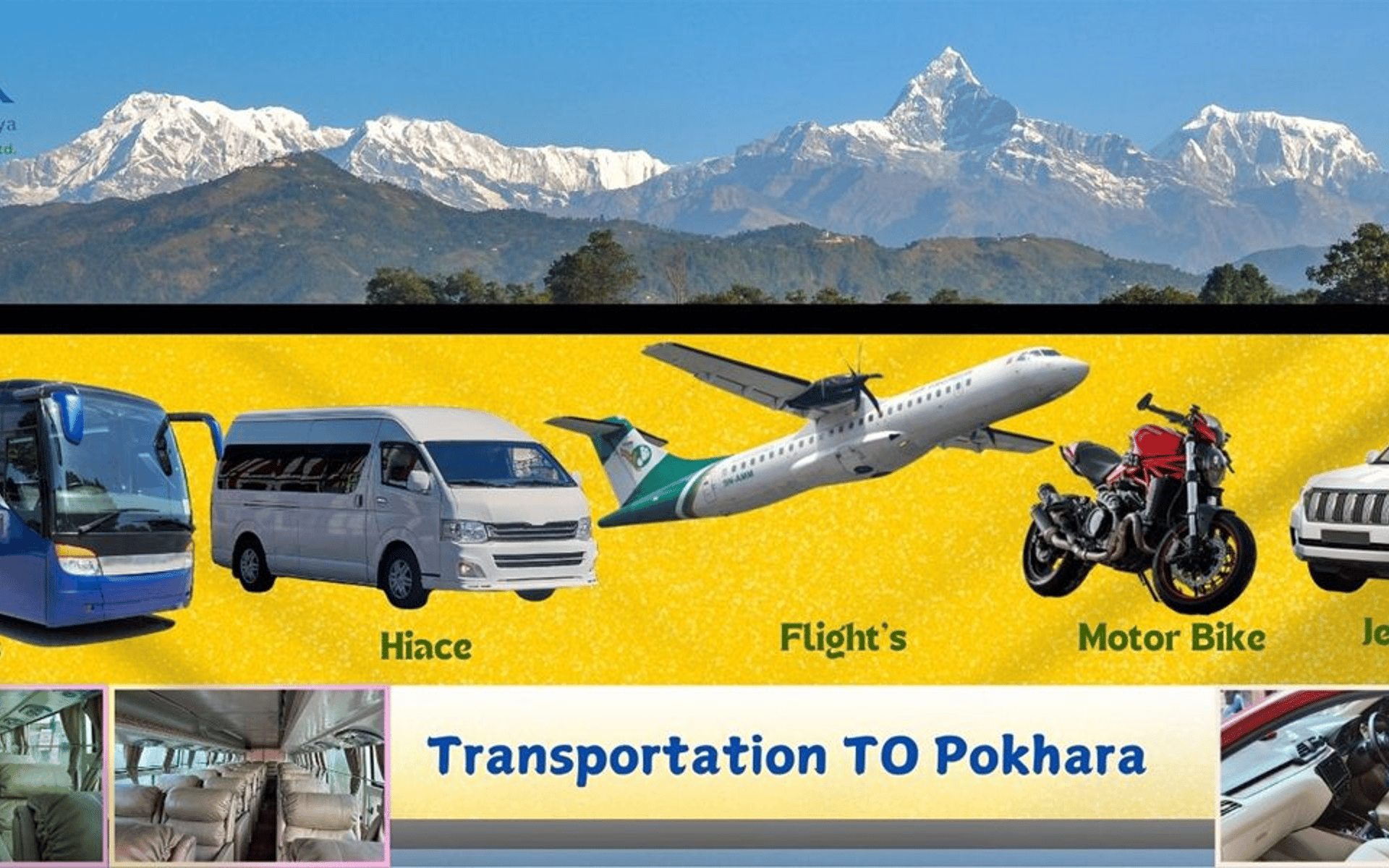 Kathmandu to Pokhara transportation options: scenic bus ride, quick domestic flight, or private jeep through the green hills of Nepal.
