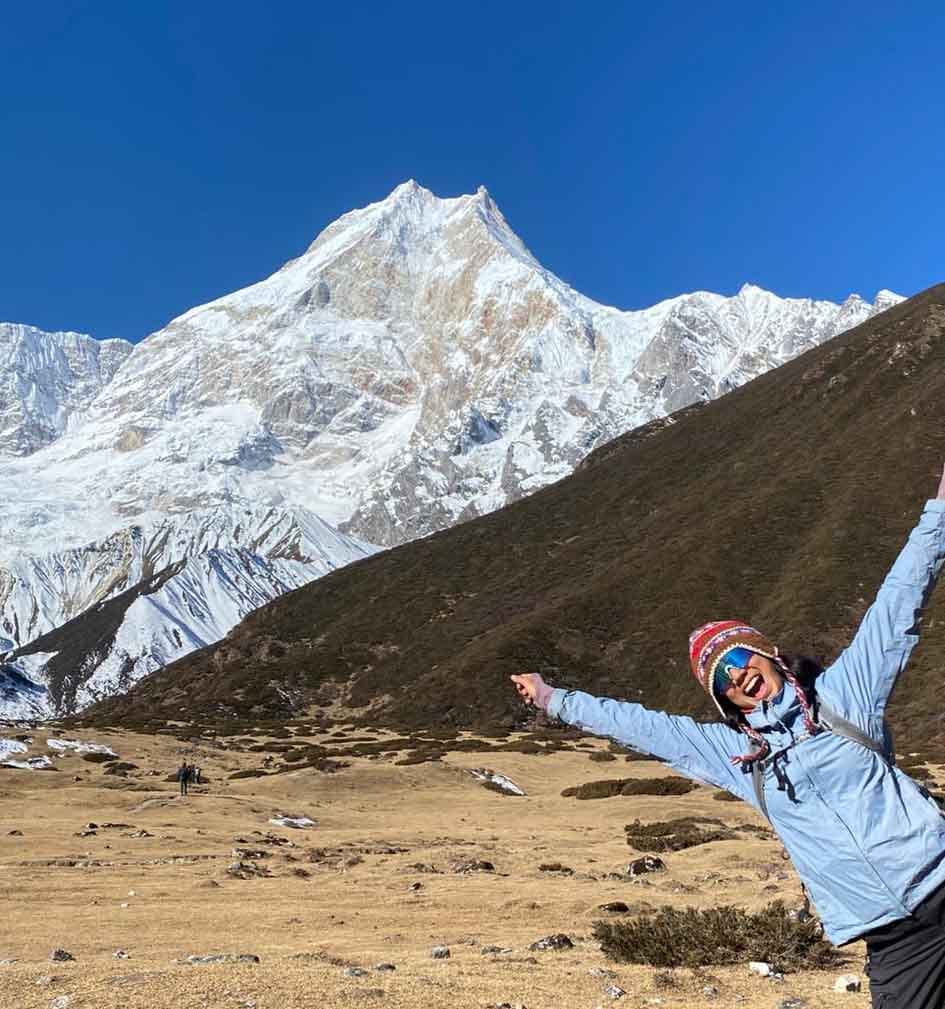 View from Pungen Gompa monastery with snow-capped Mount Manaslu rising behind in the Himalayas.