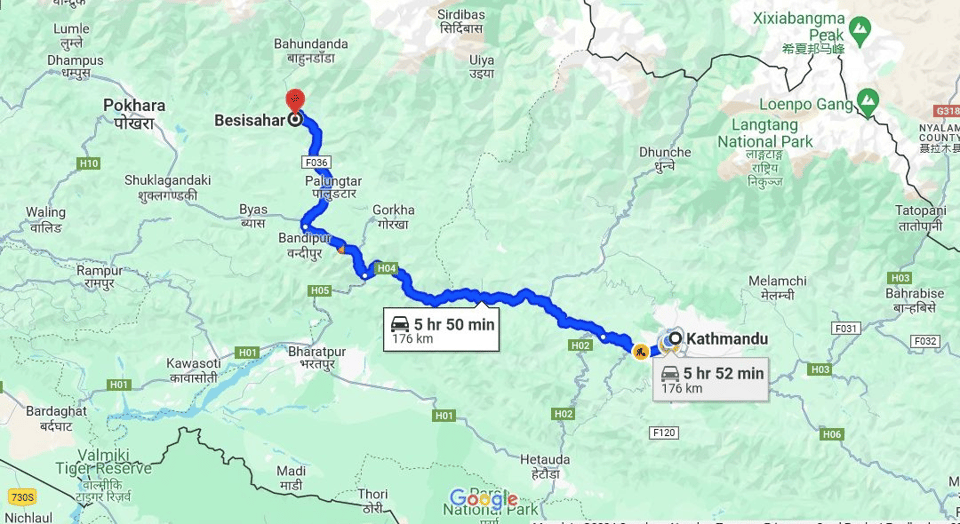 Kathmandu to Besisahar road map showing the route from the capital through Prithvi Highway to the gateway town of Lamjung District.