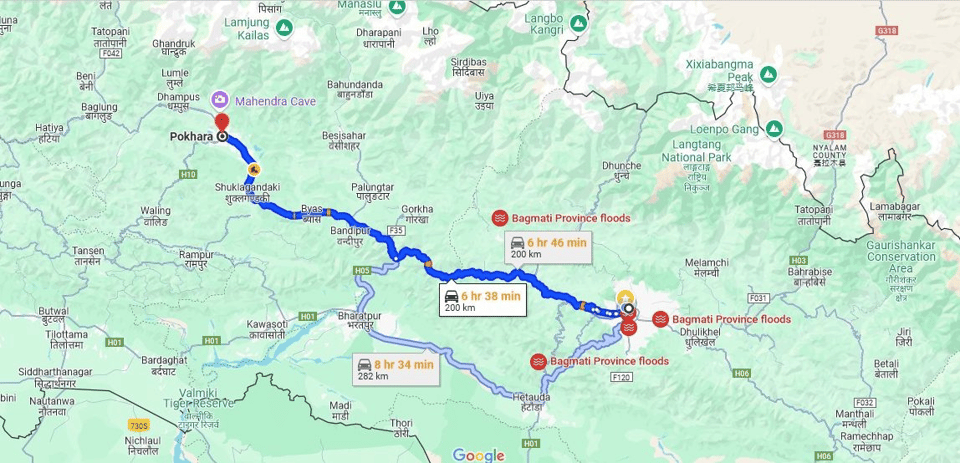 Kathmandu to Pokhara route on Google Maps, showing the Prithvi Highway winding through green hills and river valleys of central Nepal.